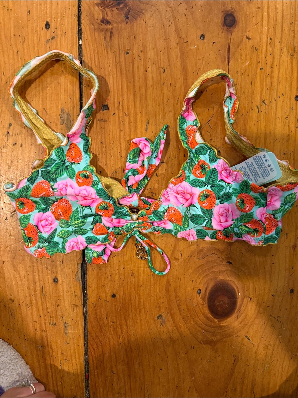 Luli Fama Pink Floral & Green Strawberry Bikini Top